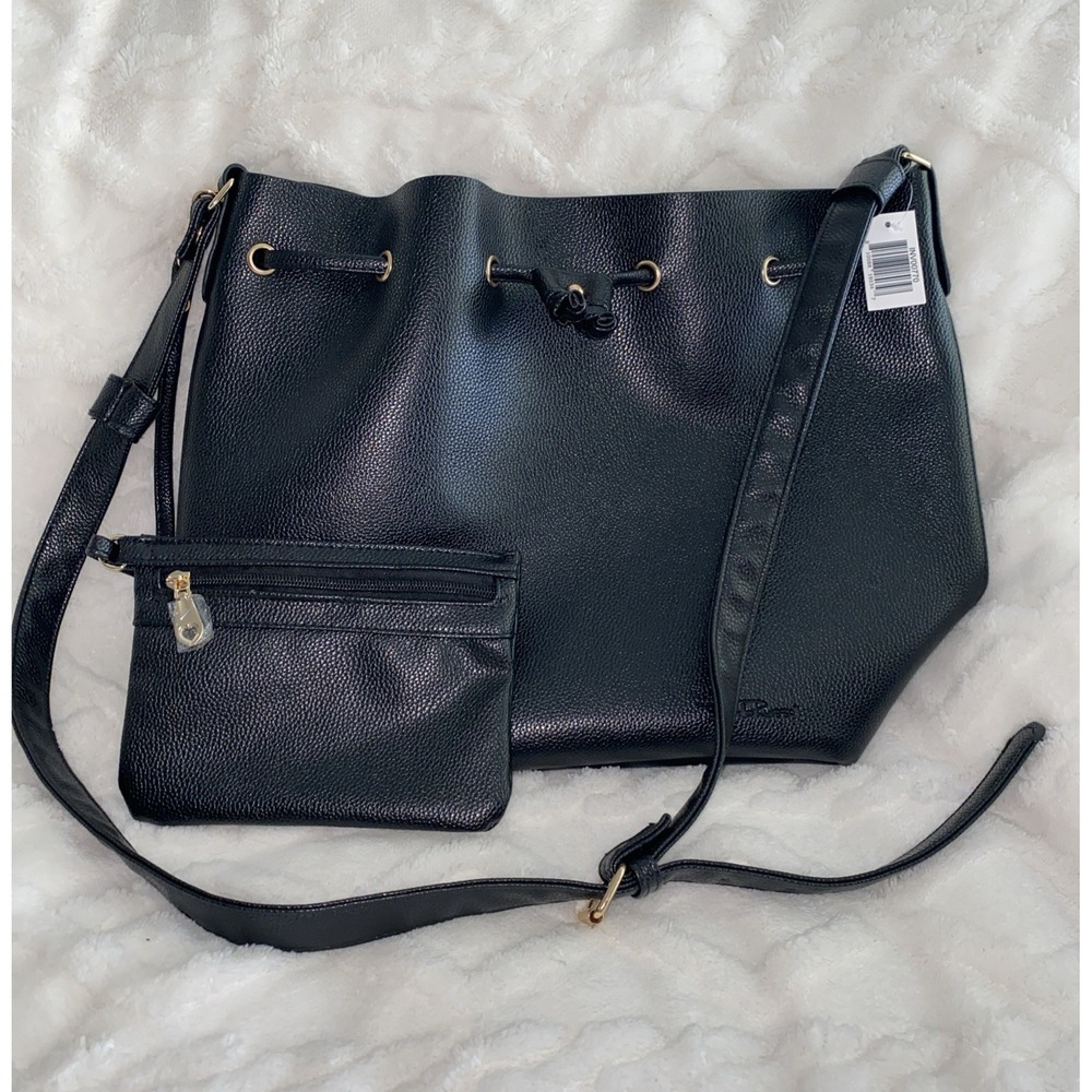 NWT‎ Bella Russo Black Cinched Fake Pebbled Leather Tote Bad Purse Set